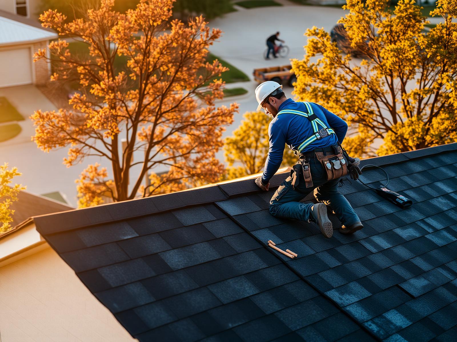 Professional roofer installing shingles on a residential home